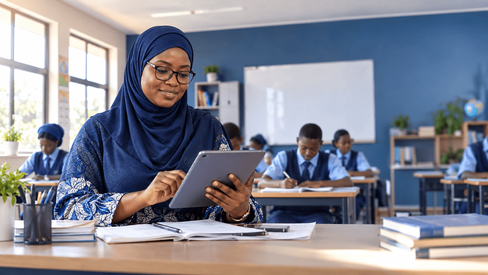 Nigerian school educator reviewing academic records on a tablet