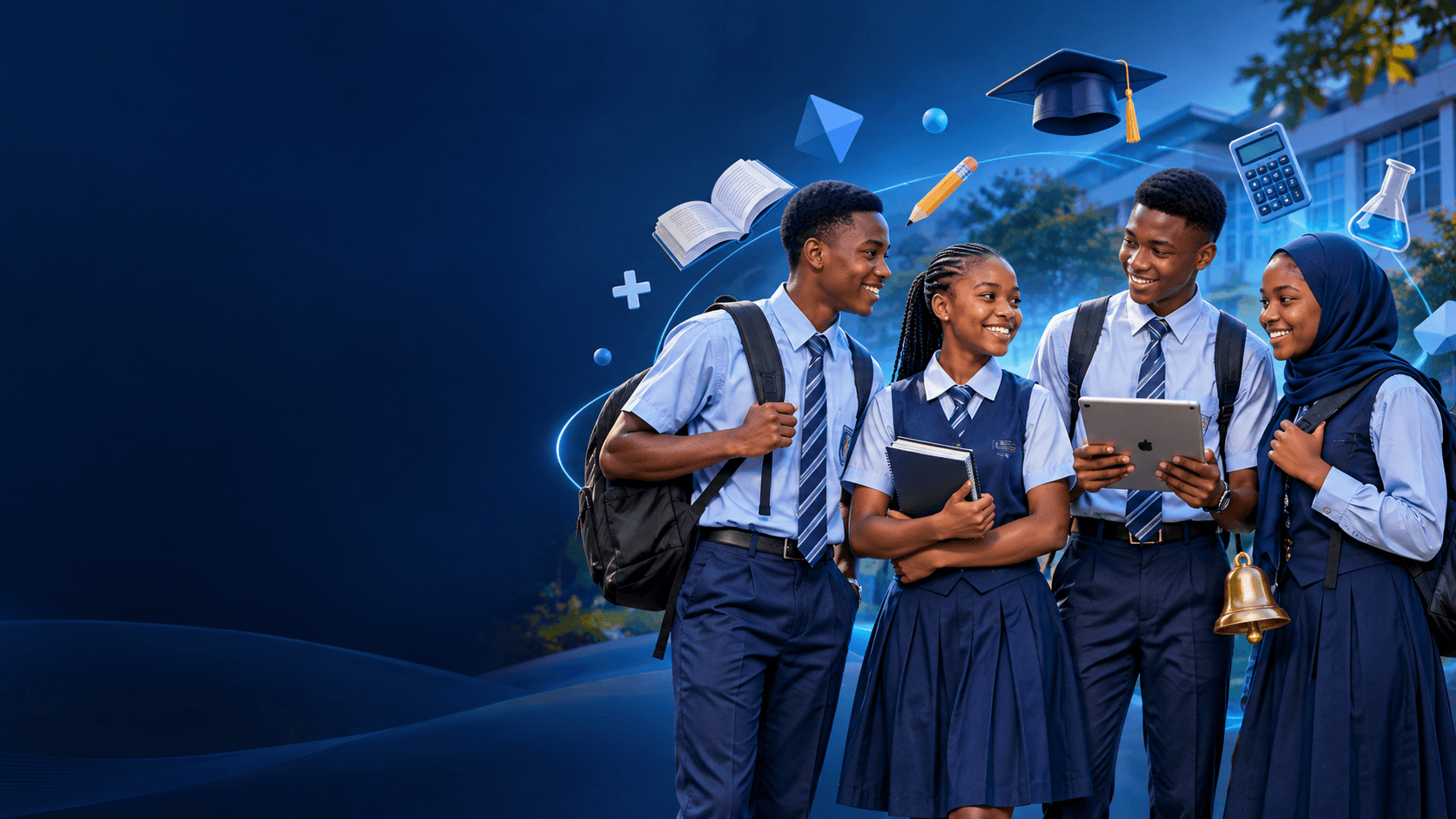 Nigerian secondary school students in uniform smiling together on campus while sharing a tablet, surrounded by education icons