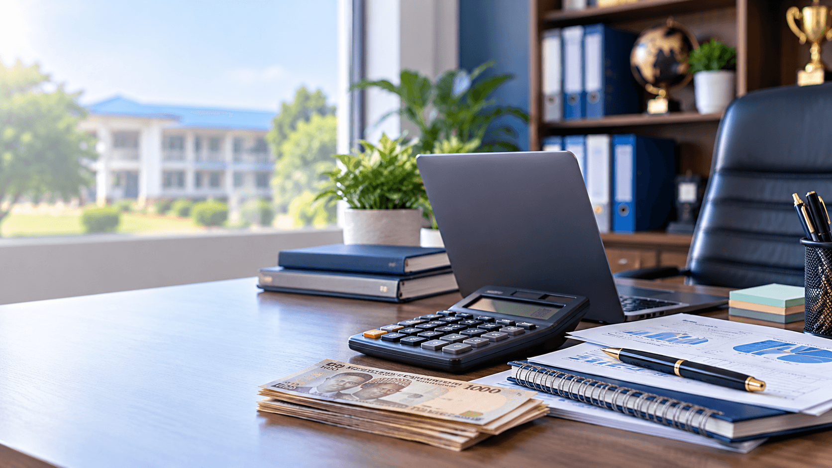 School finance planning workspace with calculator, payment materials and technology