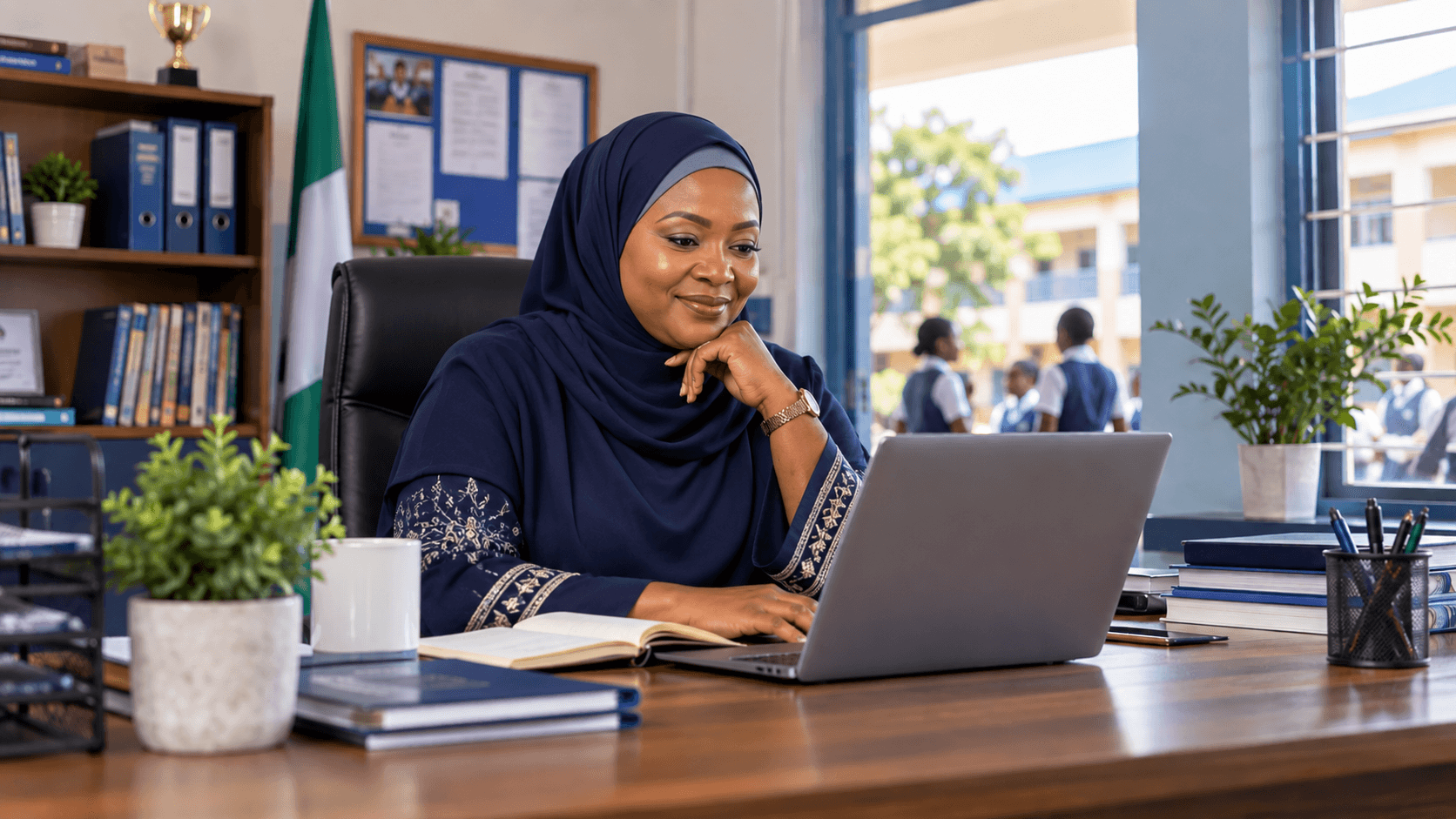 Nigerian school administrator managing school operations on a laptop