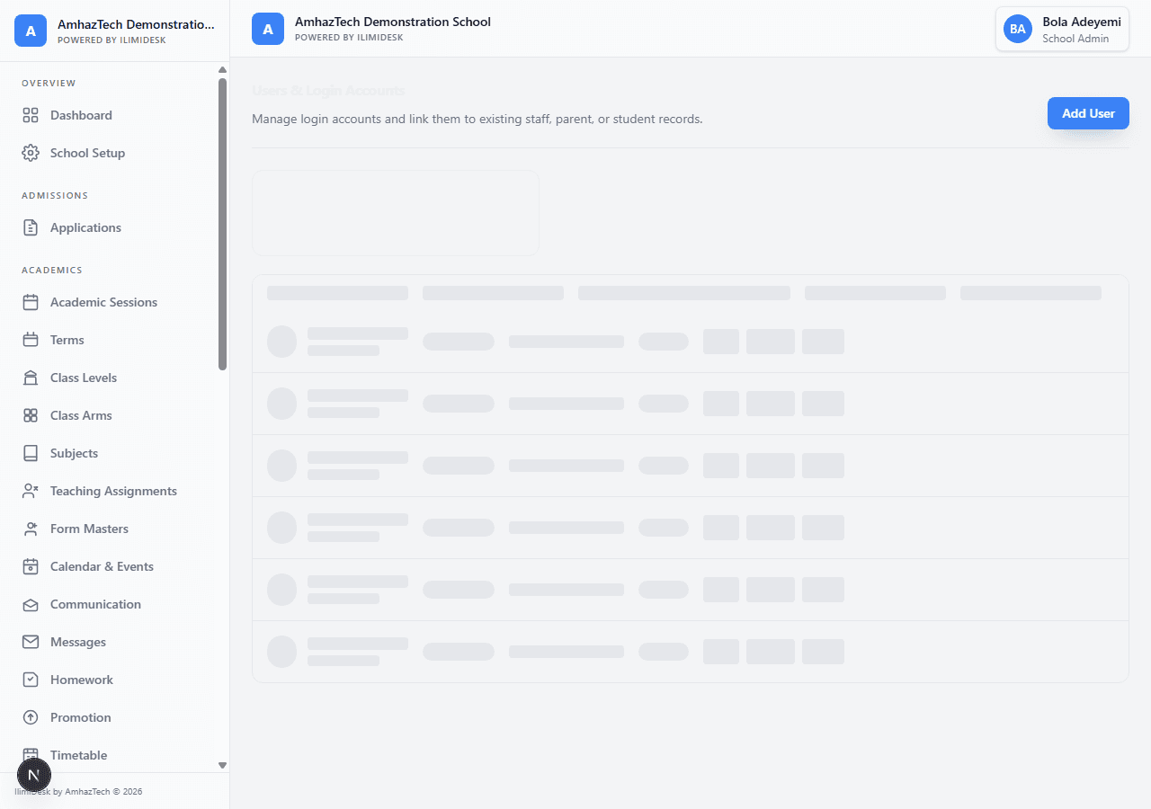 IlimiDesk school admin Users and Login Accounts screen with sidebar navigation